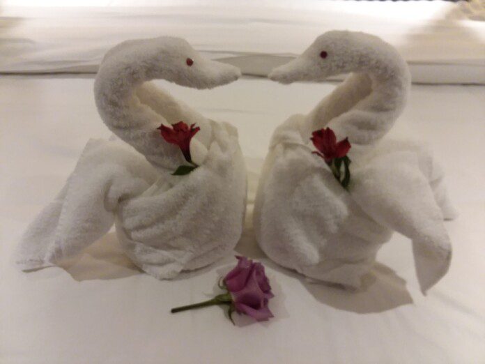 two swans made from towels with flowers