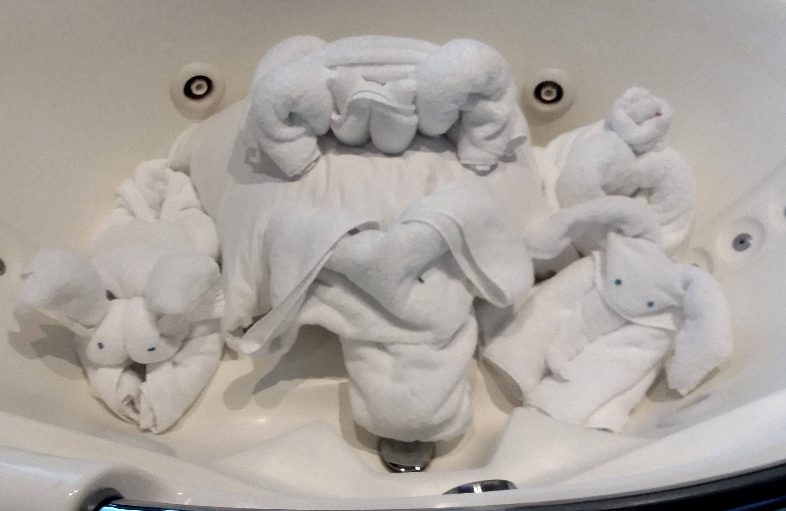 a bathtub filled with towels