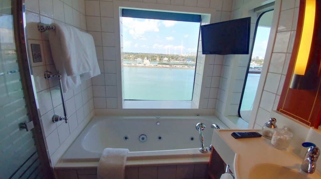 a bathtub with a television and a view of the water