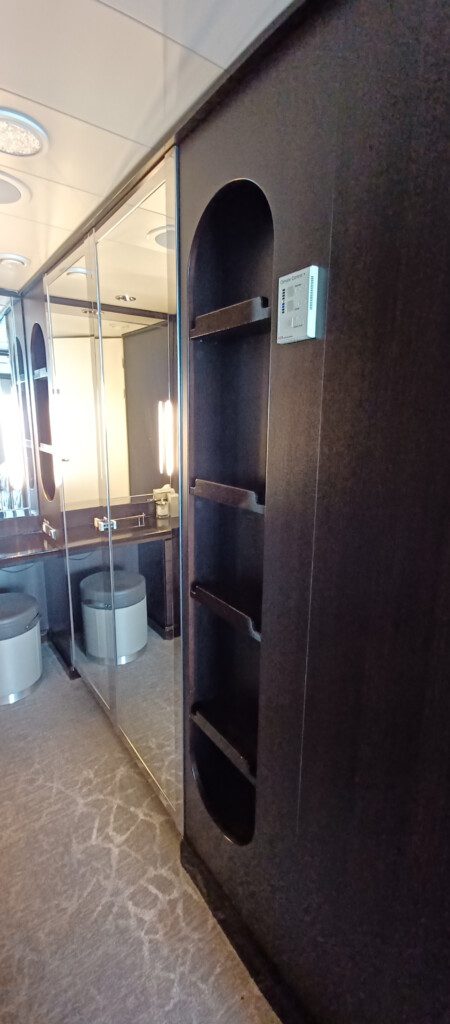 a bathroom with a mirror and shelves