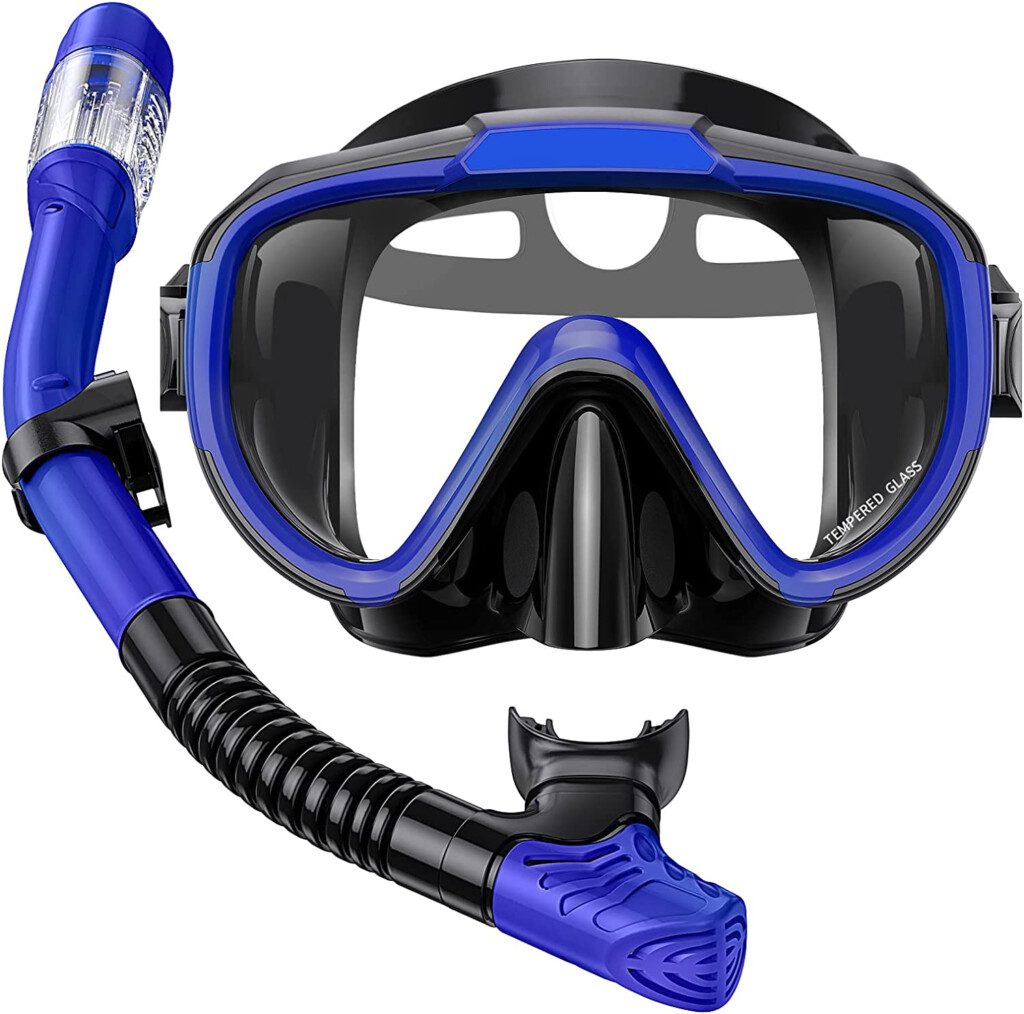 a blue and black scuba mask and snorkel