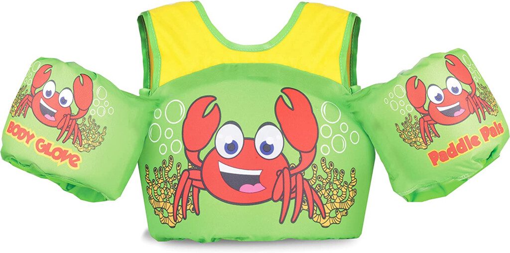 a green and yellow vest with a cartoon crab on it