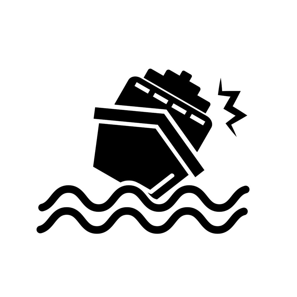 Sinking ship silhouette icon. Ship in a collision.