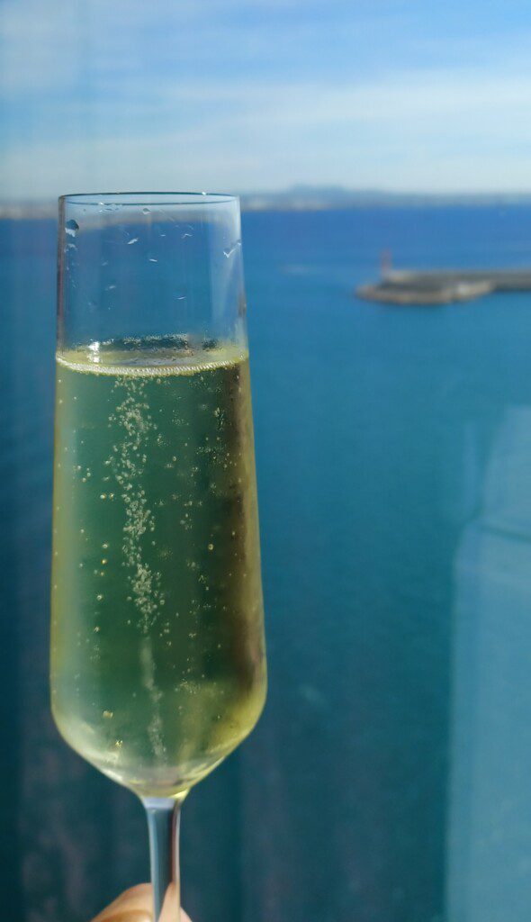 a glass of champagne with a body of water in the background