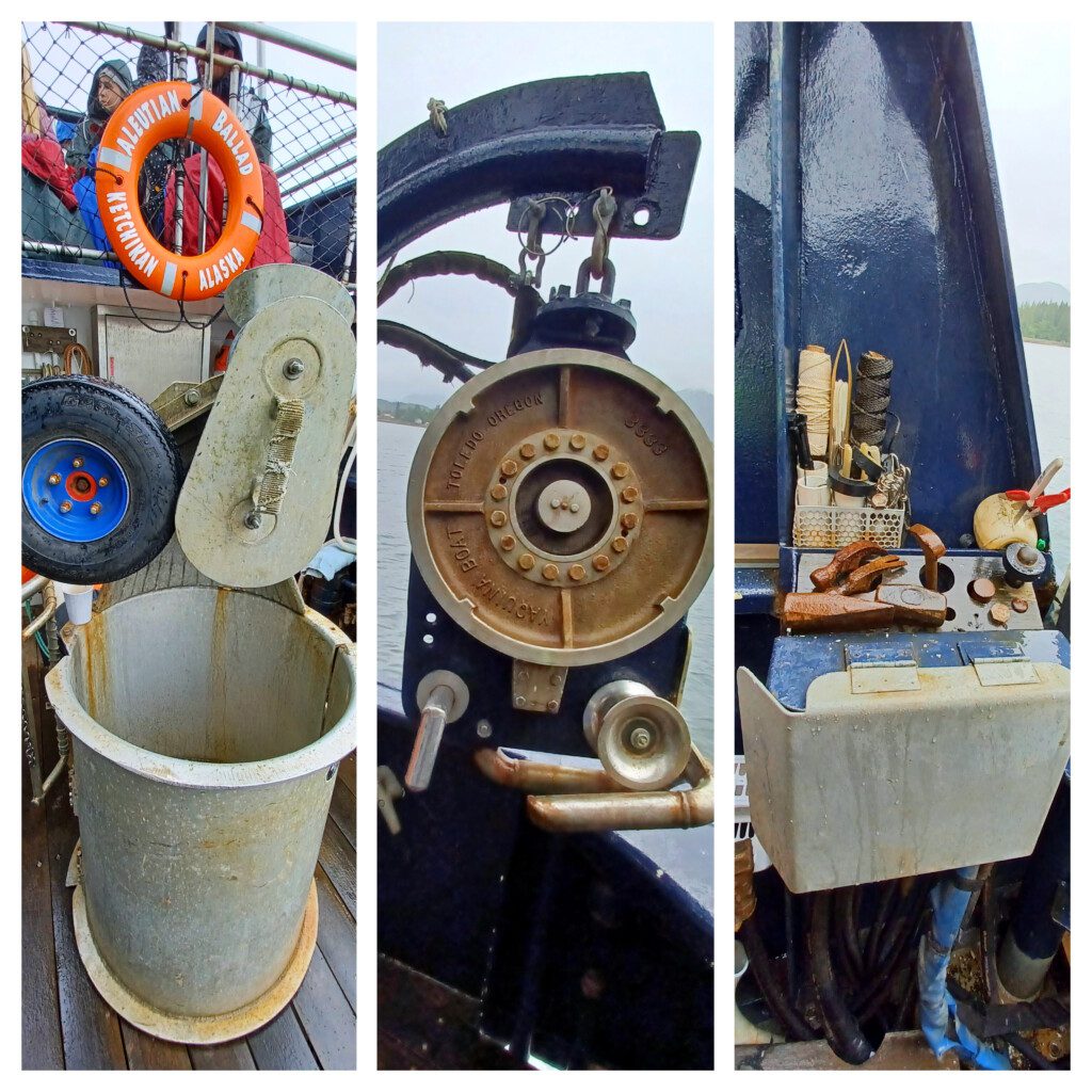 a collage of a boat with a wheel and a bucket