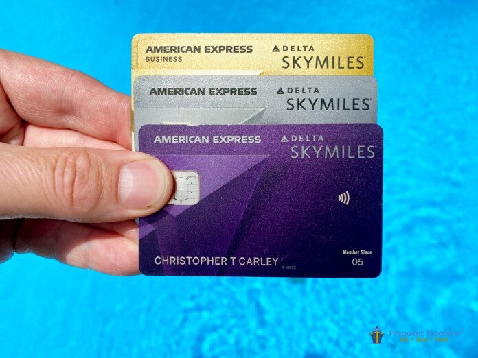 Delta SkyMiles@ American Express Cards against a blue swimming pool background.