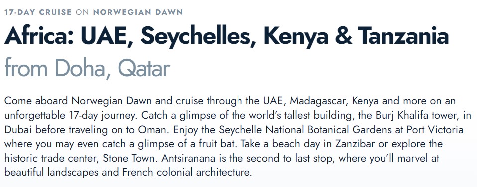 NCL Africa UAE Seychelles 17 day itinerary