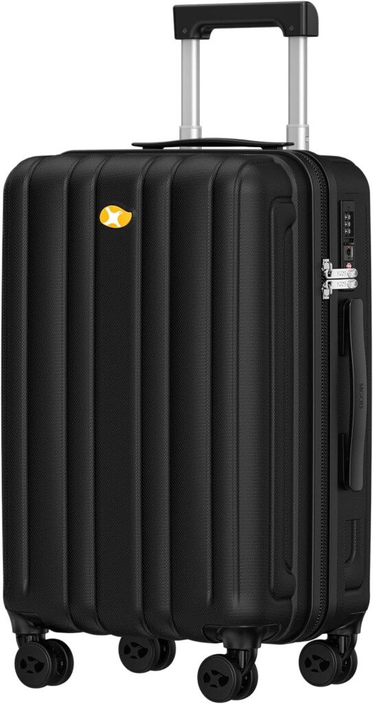 a black suitcase with a yellow logo