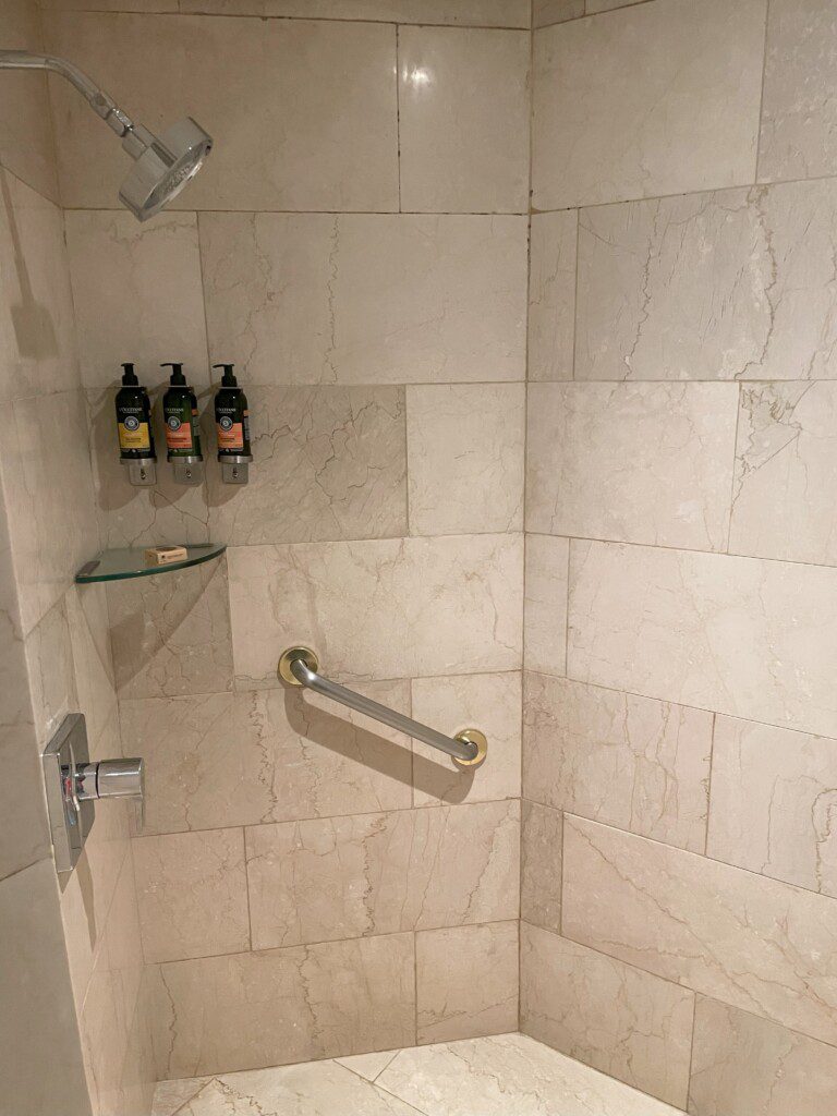 a shower with a bar and shower head