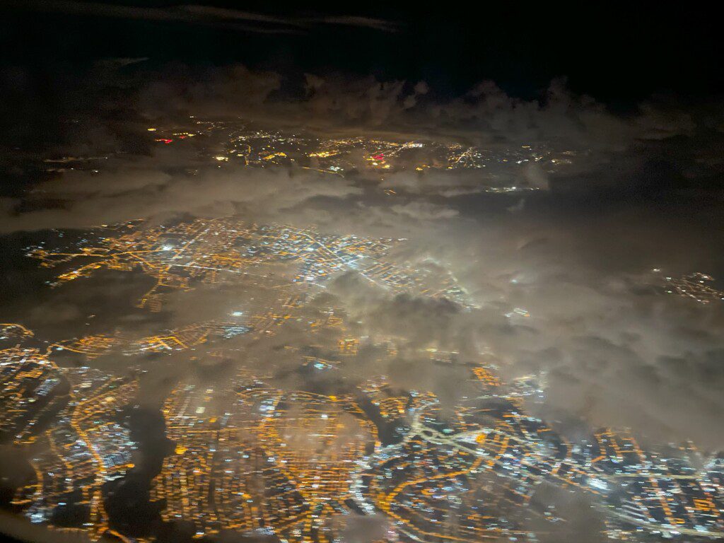 aerial view of a city at night
