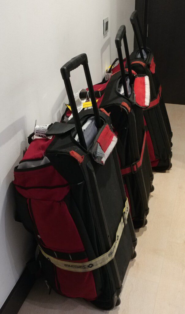 a group of luggage bags