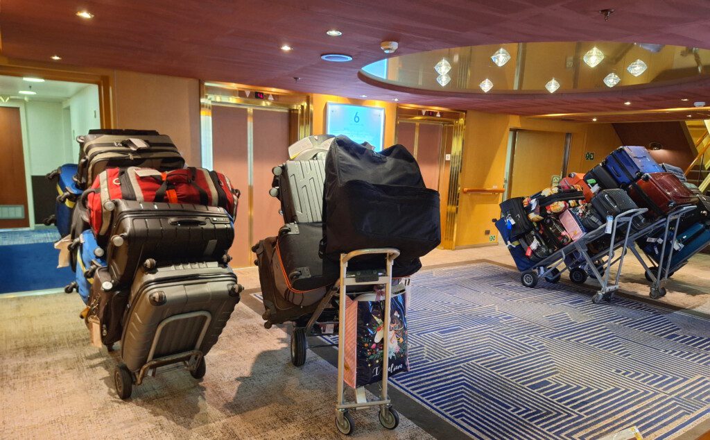 a group of luggage in a hotel lobby