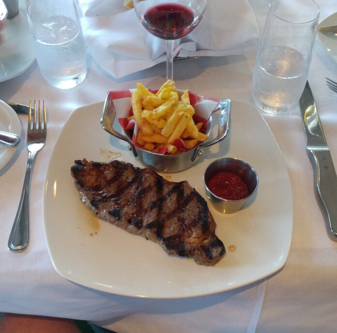 a plate of steak and french fries
