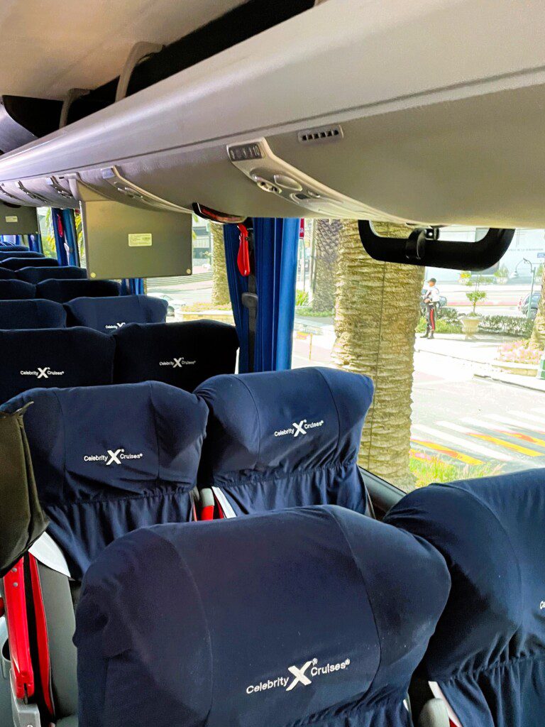 a bus with blue seats