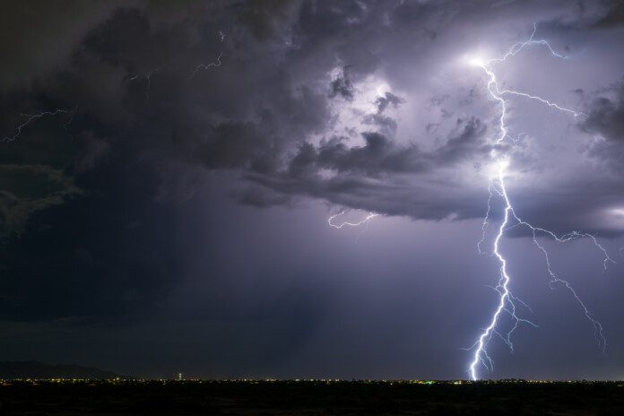Powerful lightning strike from a monsoon thunderstorm in Arizona.