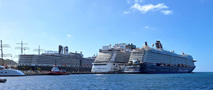 a group of cruise ships in a harbor