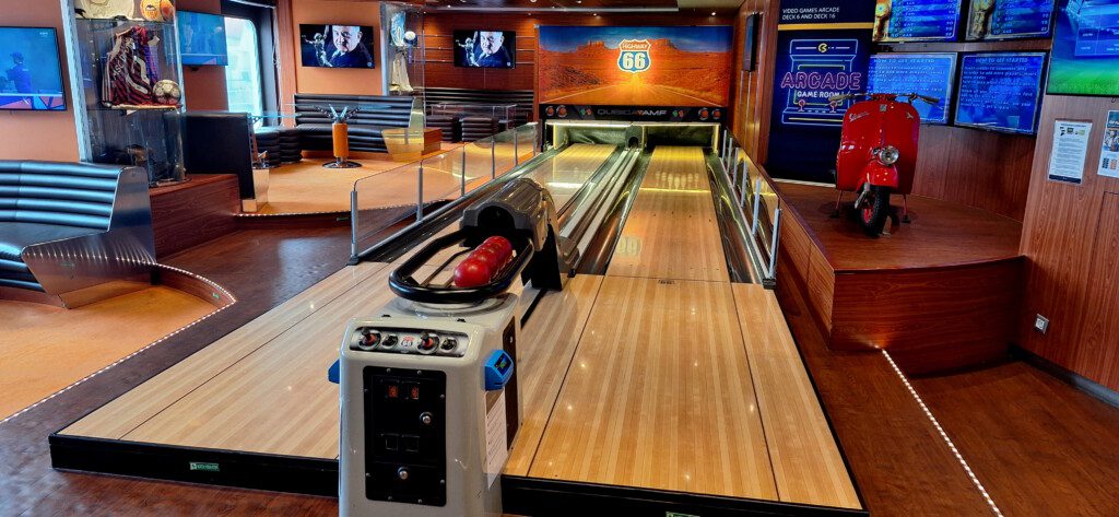 a bowling alley with a bowling ball