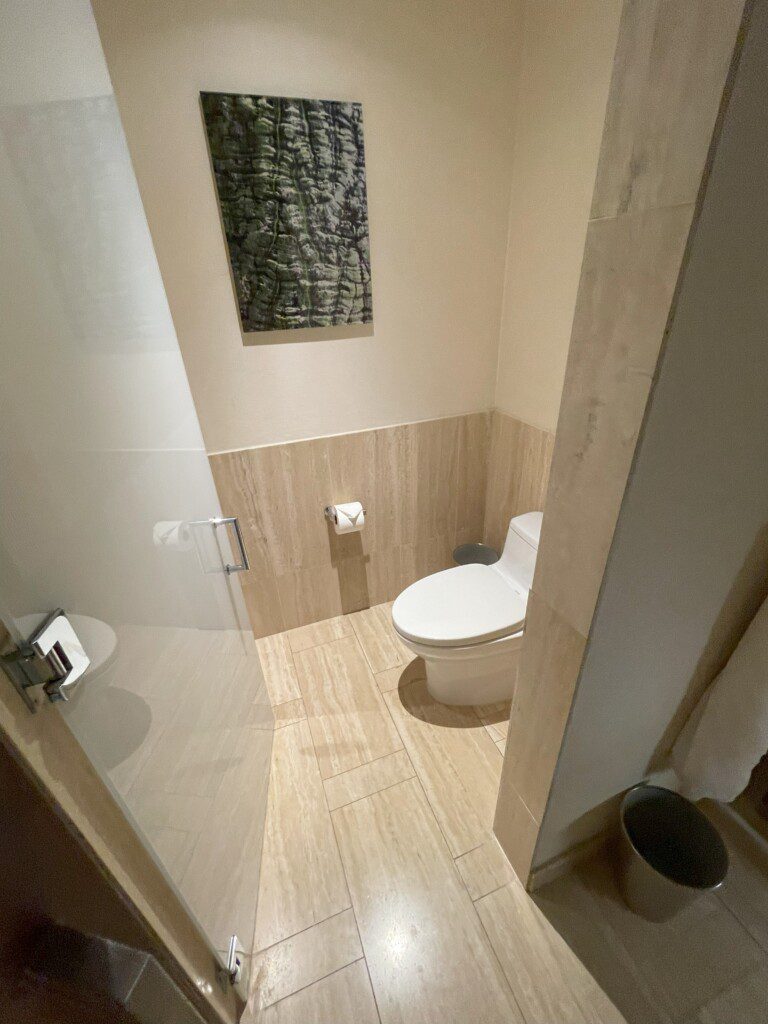 a bathroom with a toilet and a glass door