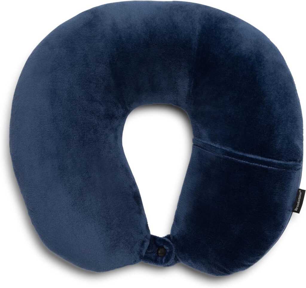 a blue neck pillow with a black handle