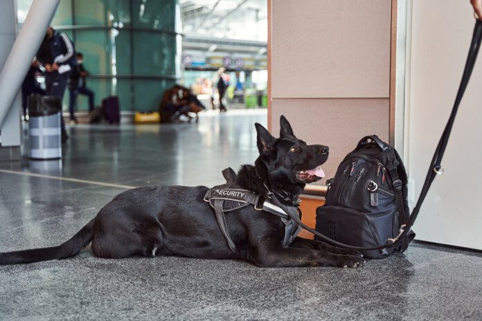 Black Norwegian Elkhound dog lying near backpack while inspecting passenger luggage at airport