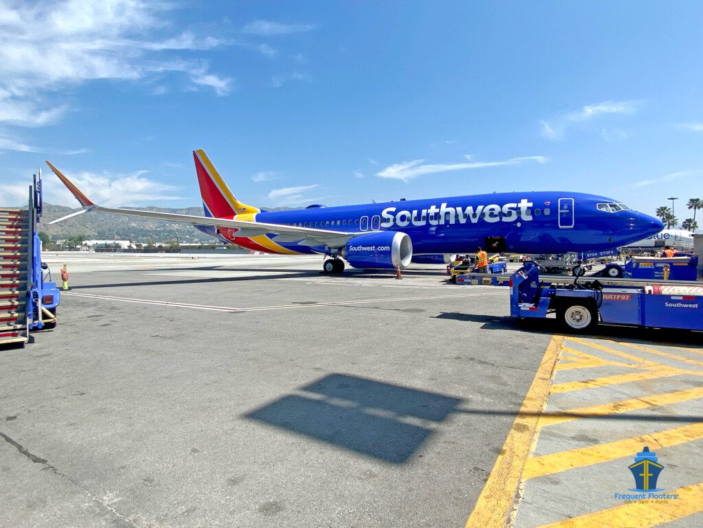 A Southwest Airlines Boeing 737 MAX 8 (tail number N8704Q) awaits passengers at Hollywood Burbank Airport (BUR) in Burbank, California. 